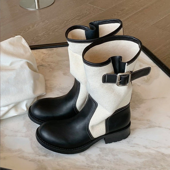 Women Leather-Linen Mid-Calf Boots with Buckle Straps Mune Fashion