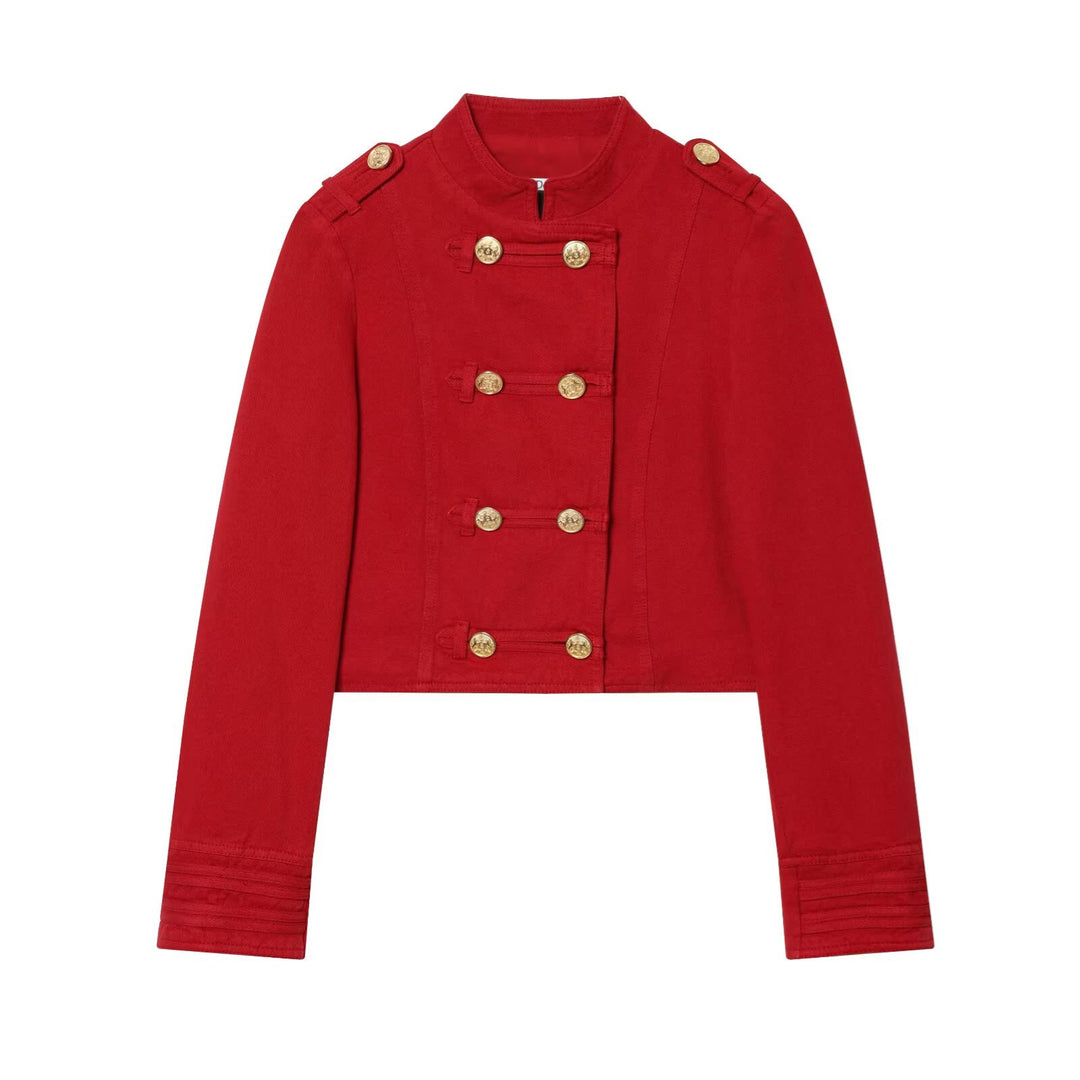 Women's Short Military-Inspired Jacket with Stand Collar and Decorative Buttons Mune Fashion