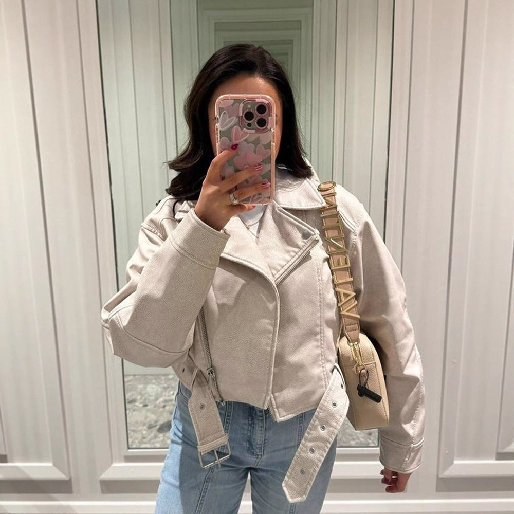 Women Short-Cut Biker Jacket Made of Faux Leather with Waist Belt Mune Fashion