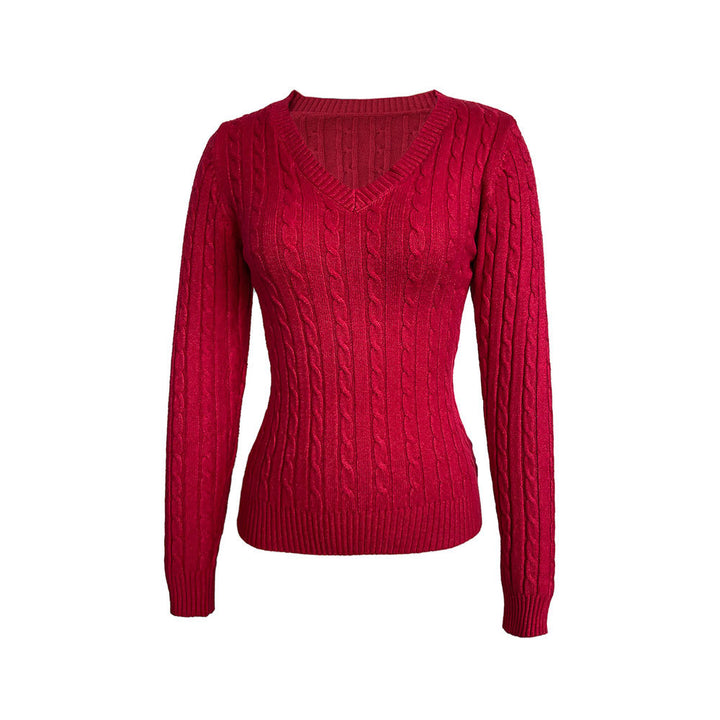 Women's fitted cable knit pullover with V-neck and tailored ribbed structure