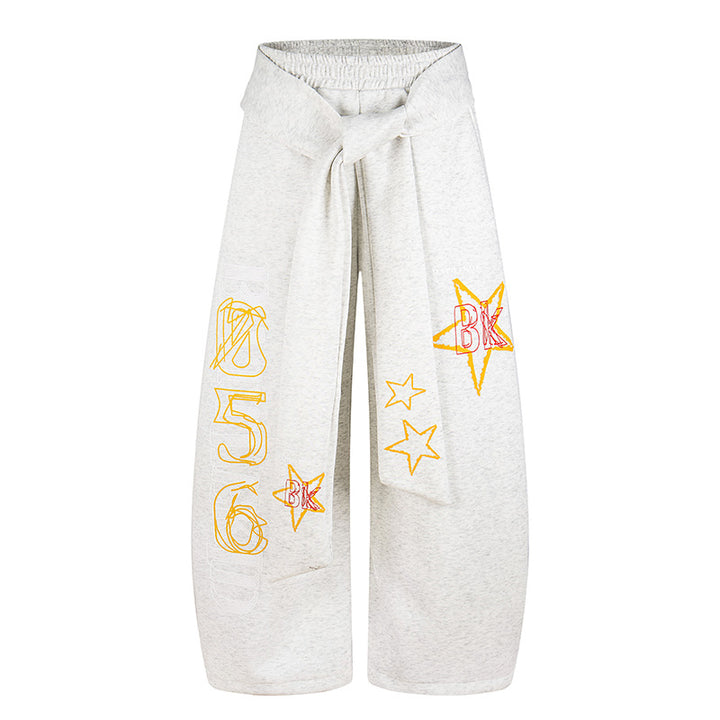Ladies Wide Palazzo Culotte Pants with Integrated Tie Belt and Star Graphic Mune Fashion