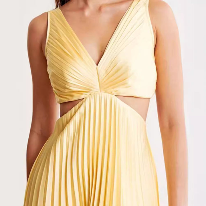 Women's pleated midi dress with twisted bustier section and side cut-outs Mune Fashion