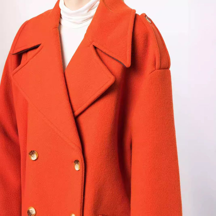 Women's Oversized Double-Breasted Short Coat made of Wool Blend with Extra Wide Sleeves and Golden Decorative Buttons Mune Fashion