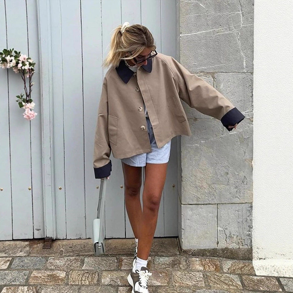 Women's Boxy Transitional Jacket with Contrast Collar, Concealed Button Placket, and Extended Sleeves Mune Fashion