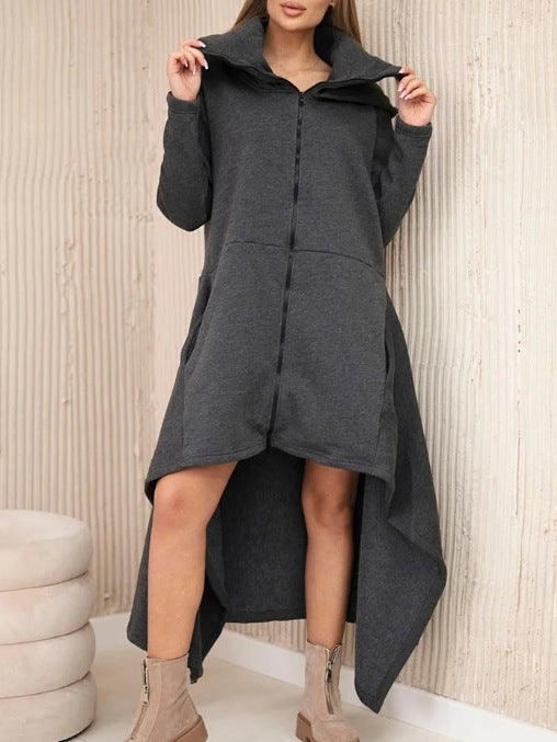 Women's nan asymmetrical sweatshirt dress with high stand-up collar, full-length zipper and extended back hem Mune Fashion