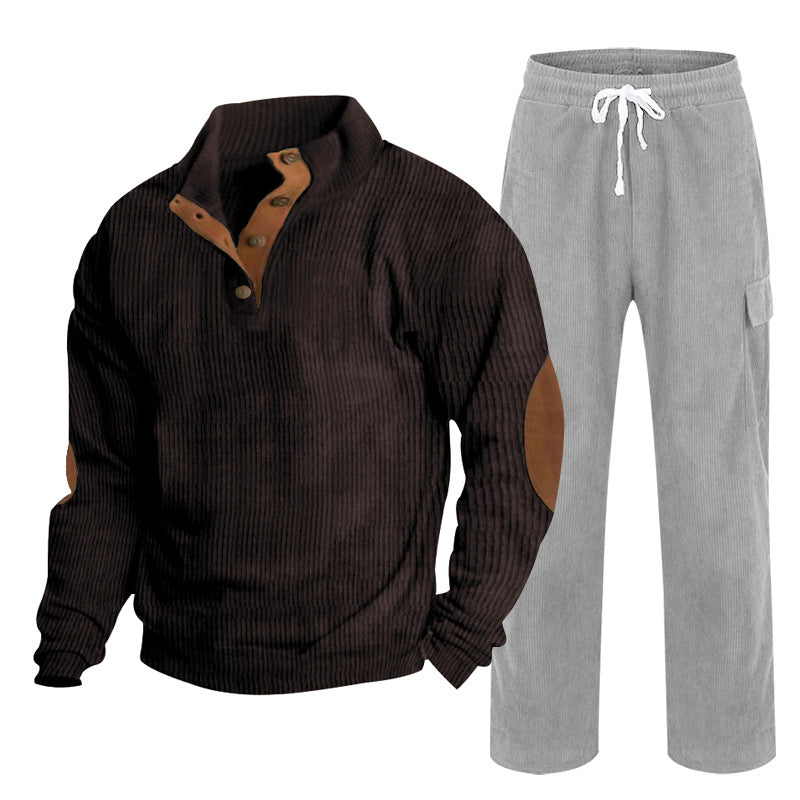 Men's Cozy Leisure Set made of Waffle Knit Henley with Elbow Patch and Relax Cargo Pants Mune Fashion