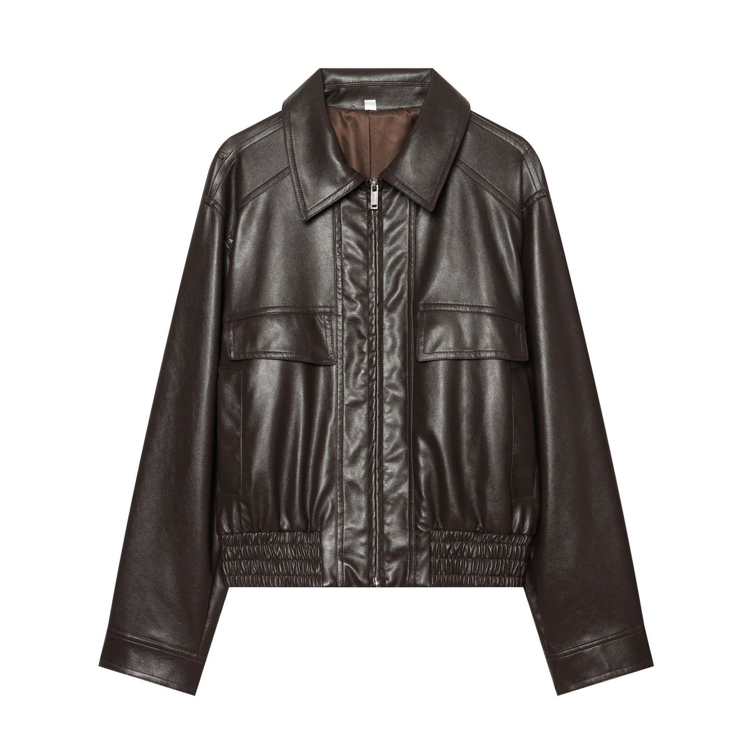 Women's Leather Look Bomber Style Blouson with Shirt Collar, Flap Pockets and Gathered Hem Mune Fashion