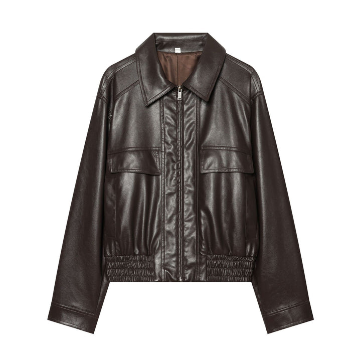 Women's Leather Look Bomber Style Blouson with Shirt Collar, Flap Pockets and Gathered Hem Mune Fashion