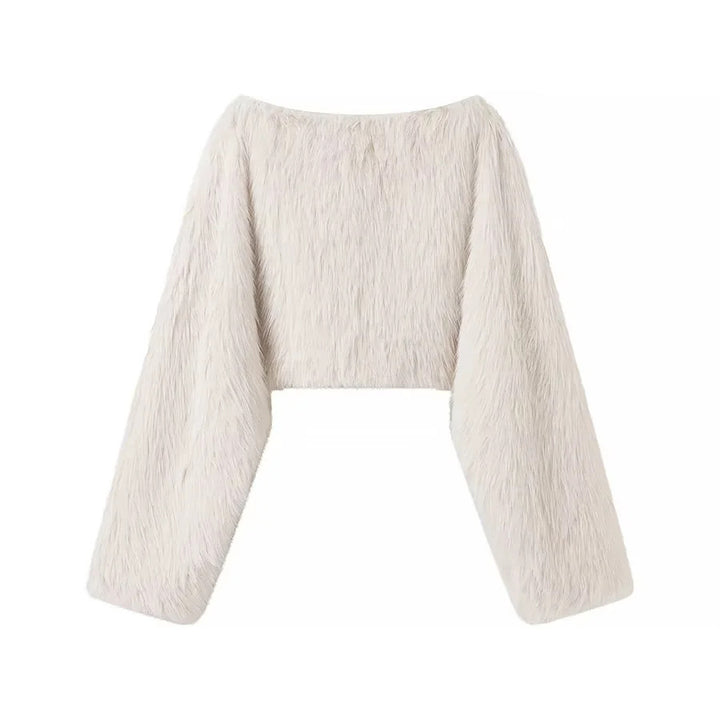 Ladies Cropped Plush Sweater with Wide Boat Neck and Voluminous Sleeves Mune Fashion