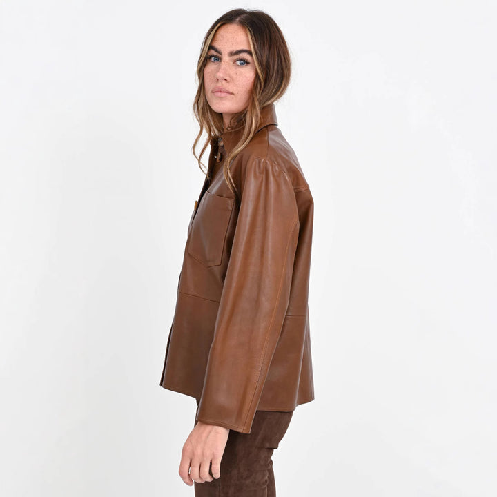 Women's Overshirt Jacket in Leather Look with Attached Breast Pocket and Concealed Button Placket Mune Fashion