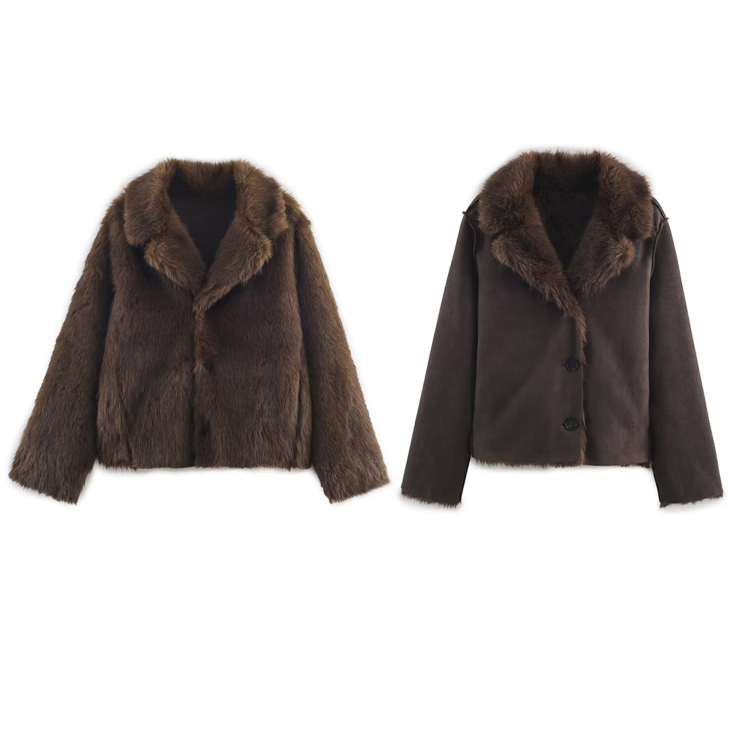 Women's Reversible Short Jacket with Faux Fur Trim and Suede Look Mune Fashion