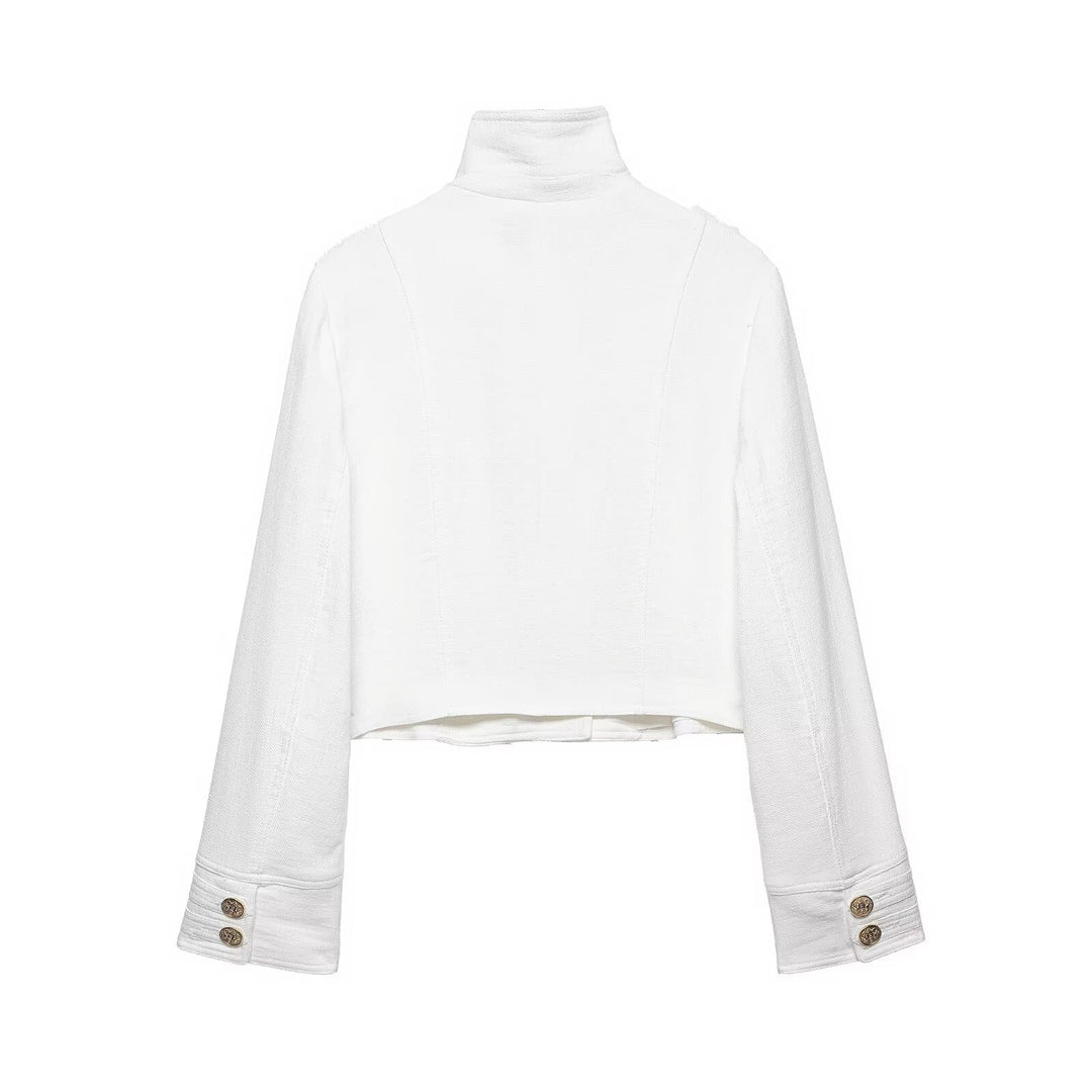 Ladies short jacket in nautical style with double-breasted decorative button placket and stand-up collar Mune Fashion