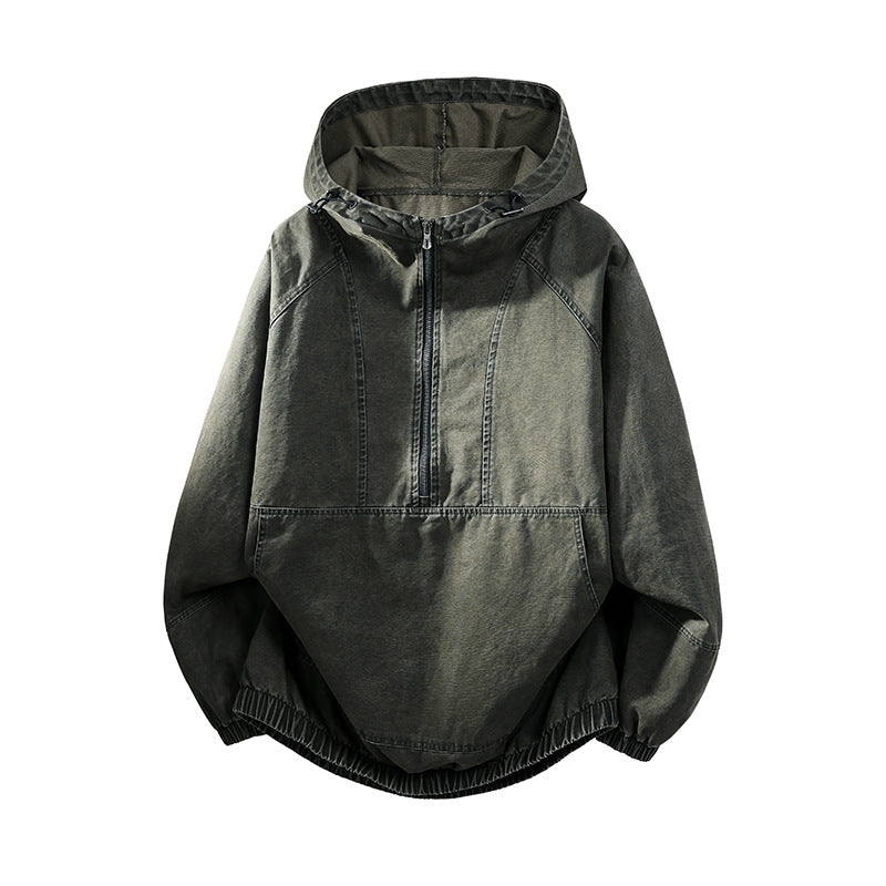 Men's Oversize Canvas Half-Zip Hoodie Anorak with Kangaroo Pocket and Elastic Hem Mune Fashion