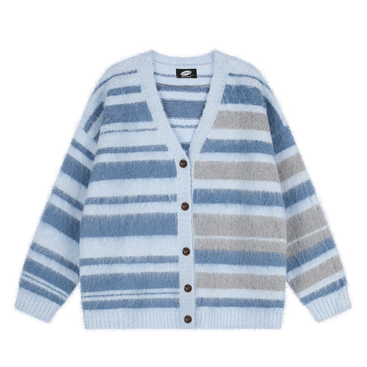 Women's oversized cardigan with V-neck, cozy mohair look and striped pattern Mune Fashion