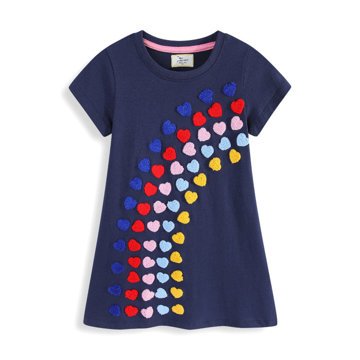 Girl T-Shirt Dress with Colorful Heart Embroidery Design Mune Fashion