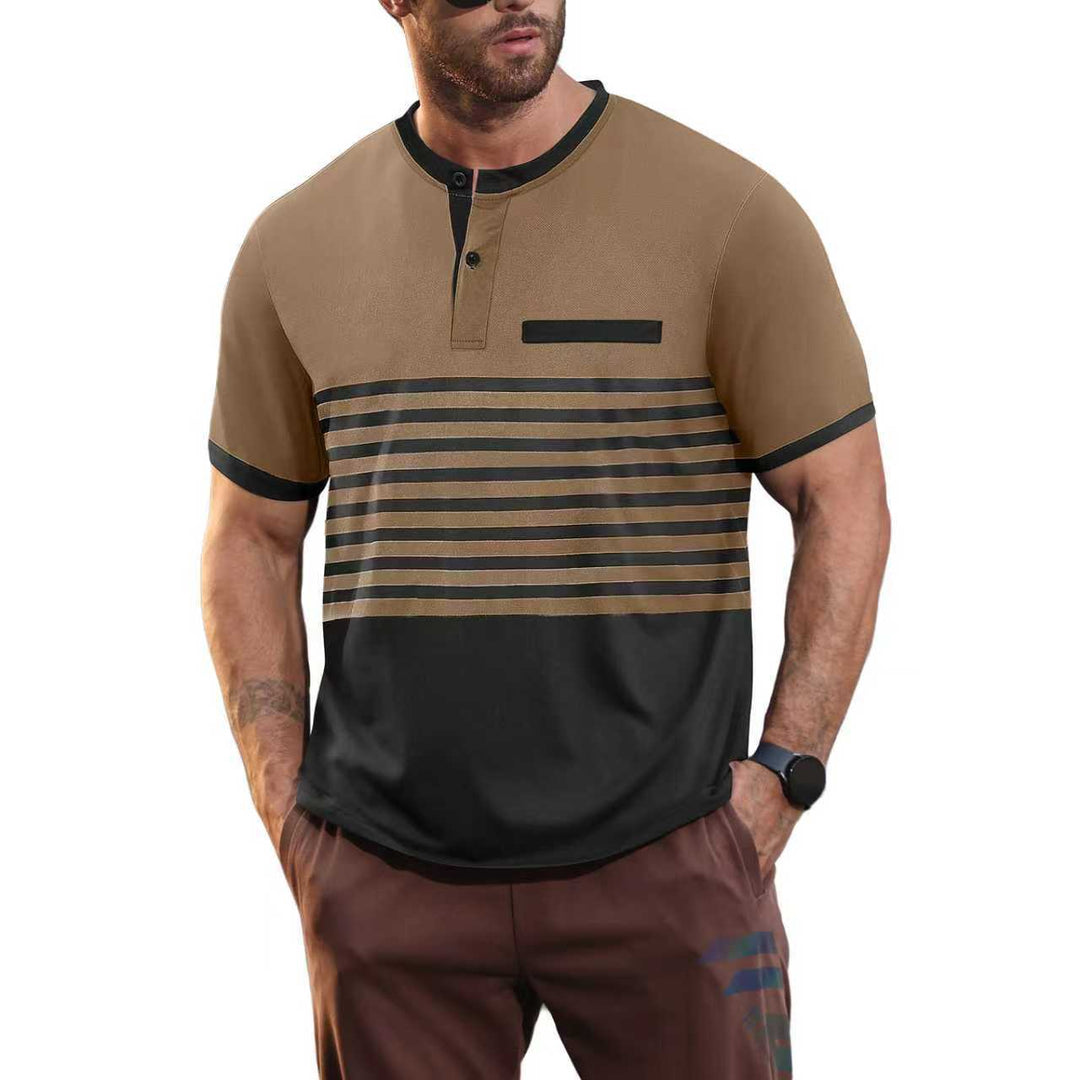 Men's short-sleeved Henley top with short button placket, chest piping, and block stripes Mune Fashion