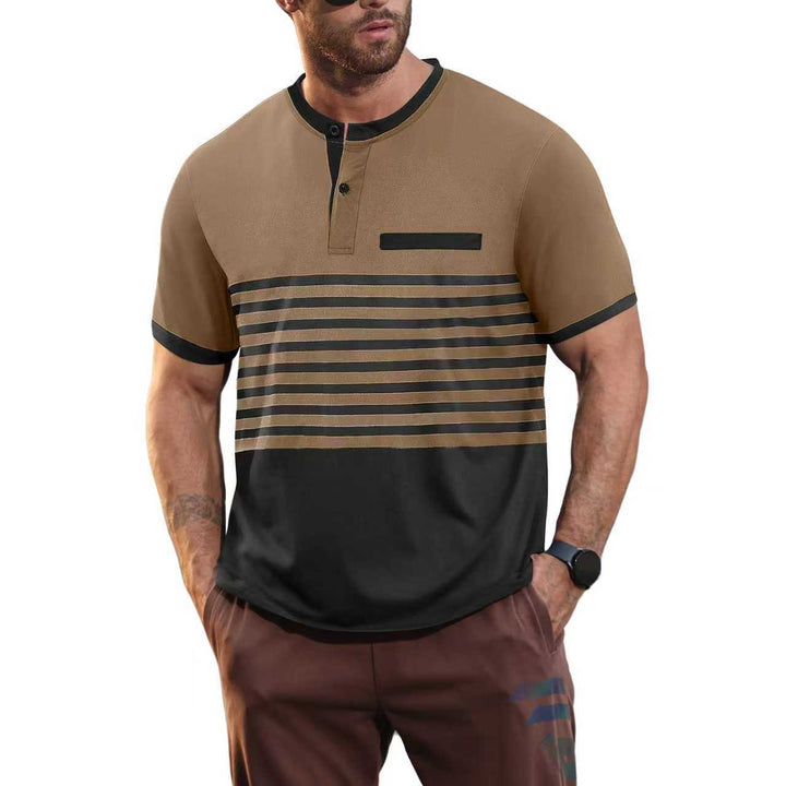 Men's short-sleeved Henley top with short button placket, chest piping, and block stripes Mune Fashion