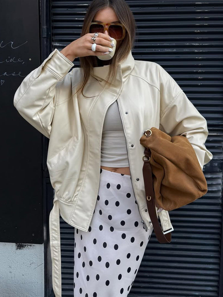 Women's Oversized Faux Leather Jacket with Stand Collar and Drawstring Mune Fashion