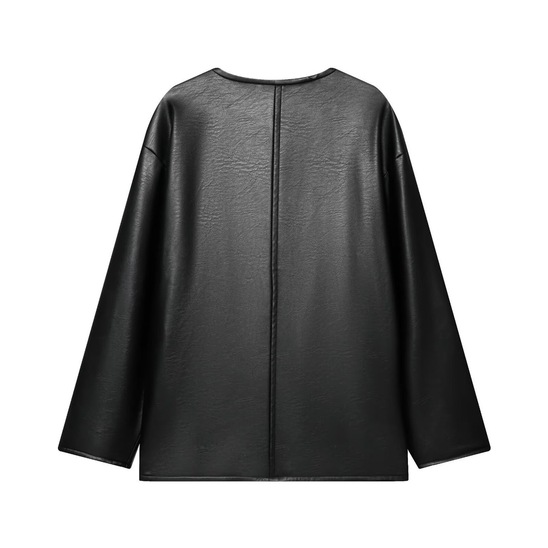 Women Oversize Faux Leather Jacket with Cord Knot Closure and Patch Pockets Mune Fashion