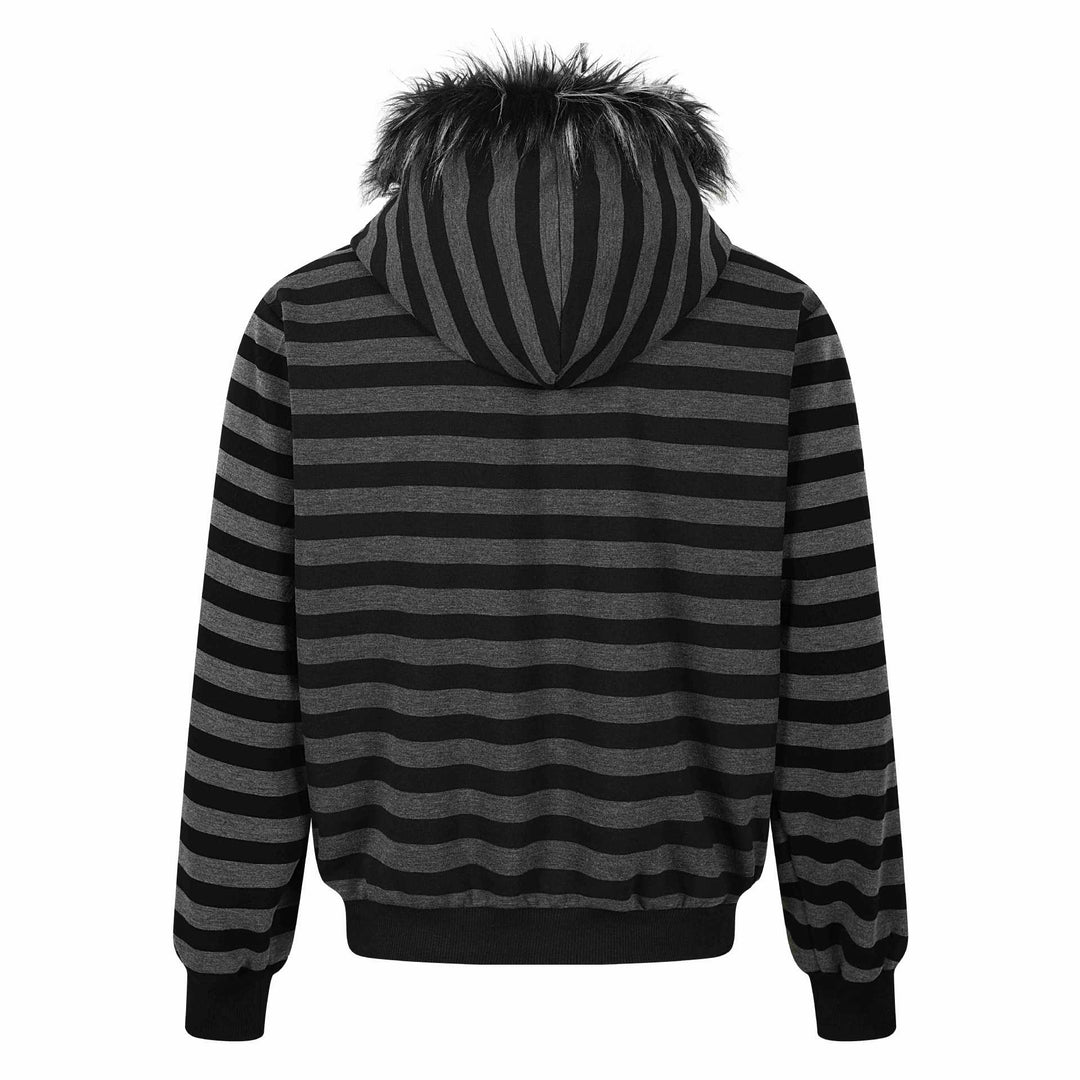 Unisex Striped Hooded Jacket with Faux Fur Hood and Zipper Pockets Mune Fashion