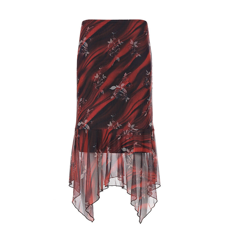 Women Asymmetrical Mesh Midi Skirt with Ruffle Layers and Floral Pattern Mune Fashion