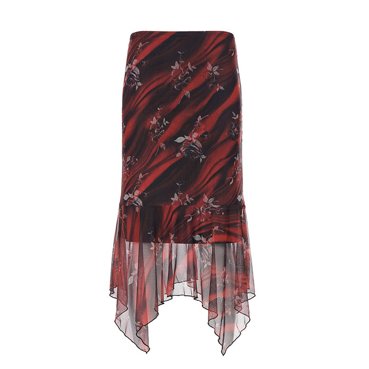 Women Asymmetrical Mesh Midi Skirt with Ruffle Layers and Floral Pattern Mune Fashion