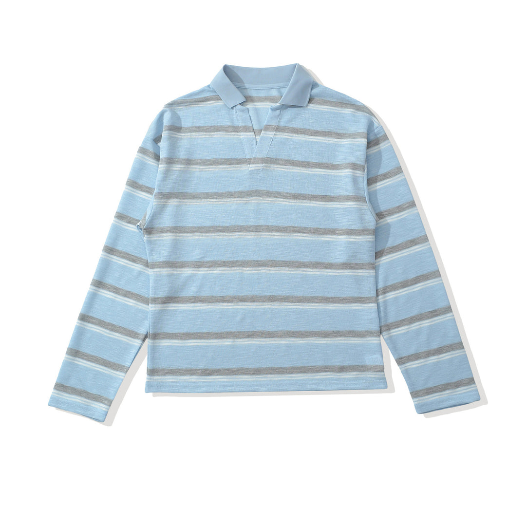 Men's knit polo shirt with open V-neck and fine stripe pattern Mune Fashion