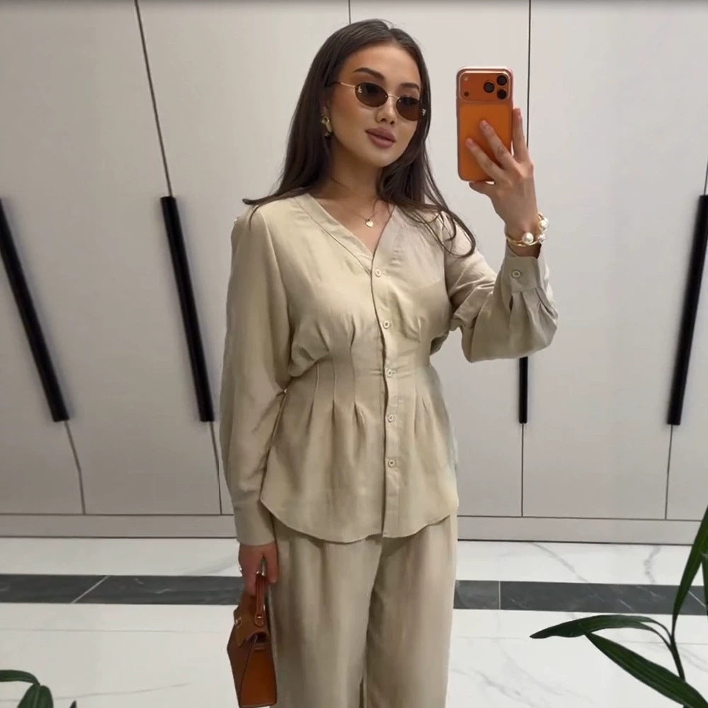 Women V-Neck Blouse and Culotte Set with Waist Pleats and Wide Legs Mune Fashion
