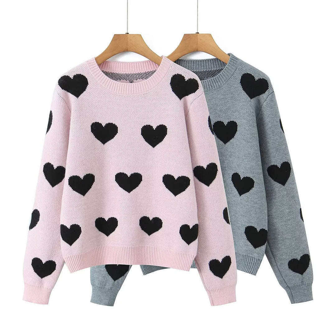 Women Patterned Oversized Knit Sweater with Heart Jacquard and Round Neckline Drune