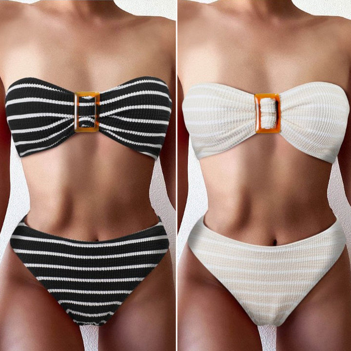 Women's bandeau bikini with a stylish striped pattern and decorative buckle Mune Fashion