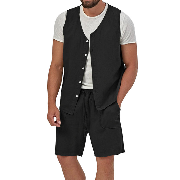 Men's two-piece leisure set with sleeveless button vest and wide drawstring shorts with patch pockets Mune Fashion
