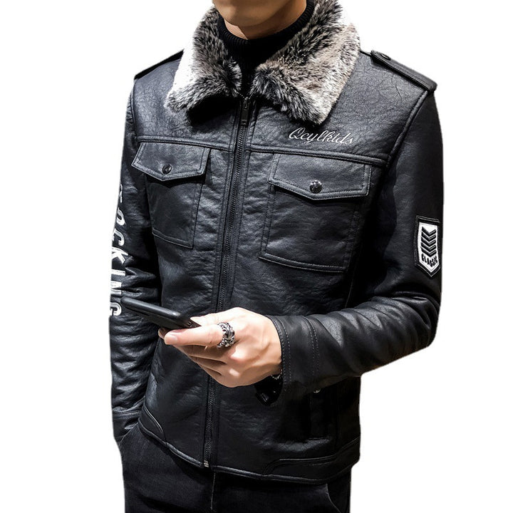 Men's biker leather jacket with faux fur collar and military badges Mune Fashion