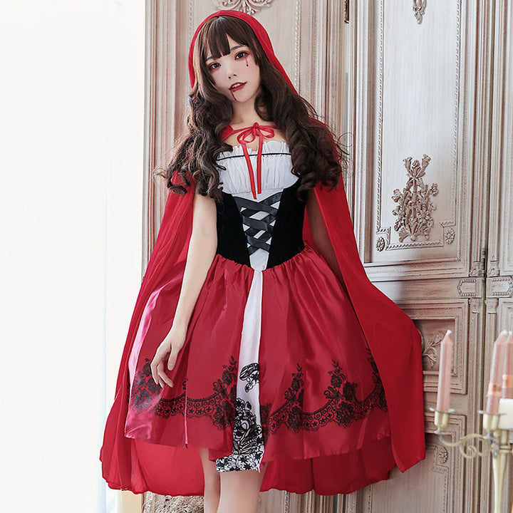 Women Fairy Tale Little Red Riding Hood Costume with Voluminous Overskirt and Hood Mune Fashion