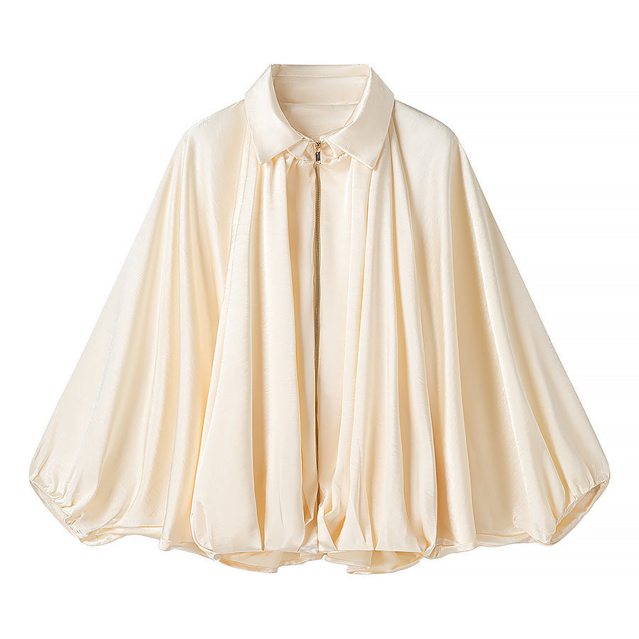Women Silky-flowing Cape Blouse with Zipper, Balloon Sleeves, and Shirt Collar Mune Fashion
