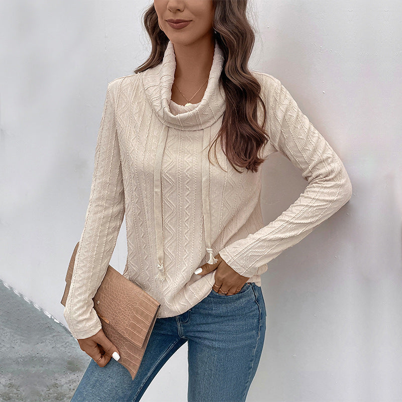 Ladies fine knit cowl neck pullover with drawstring and cable knit detail Mune Fashion