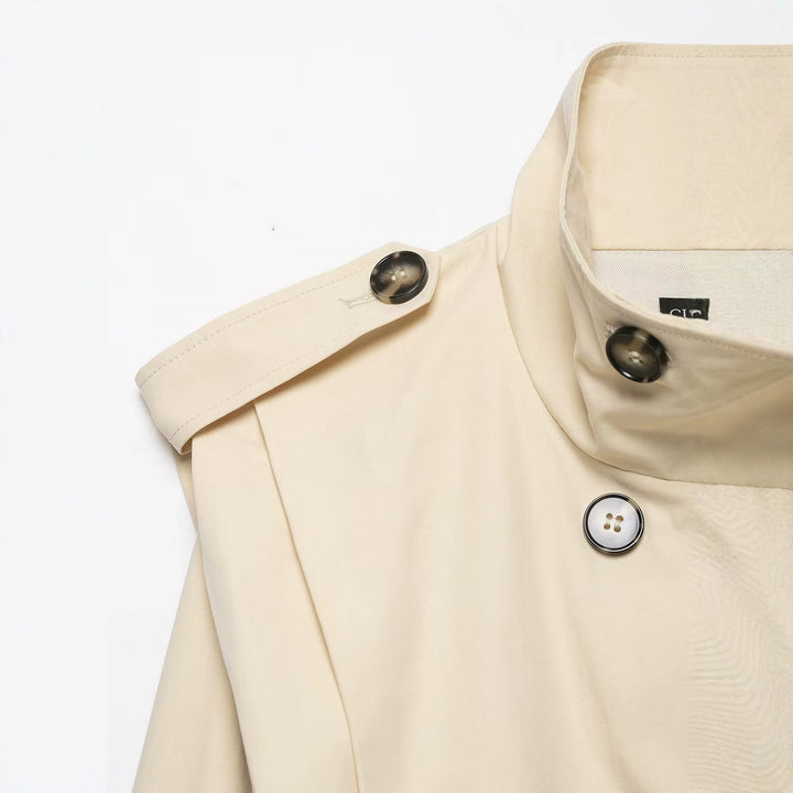 Women's Short Double-Breasted Trench Jacket with Stand Collar, Epaulettes and Elastic Hem