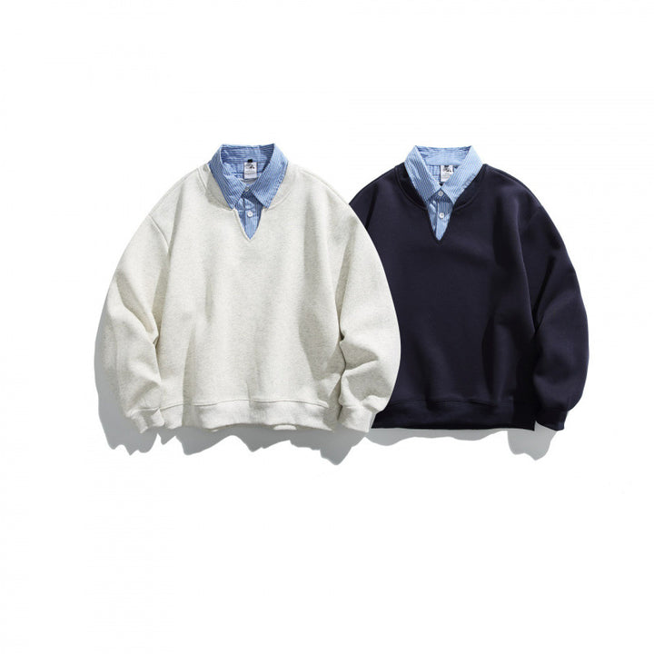 Men's Oversized Sweatshirt with Inserted Shirt Collar and V-Neck Mune Fashion