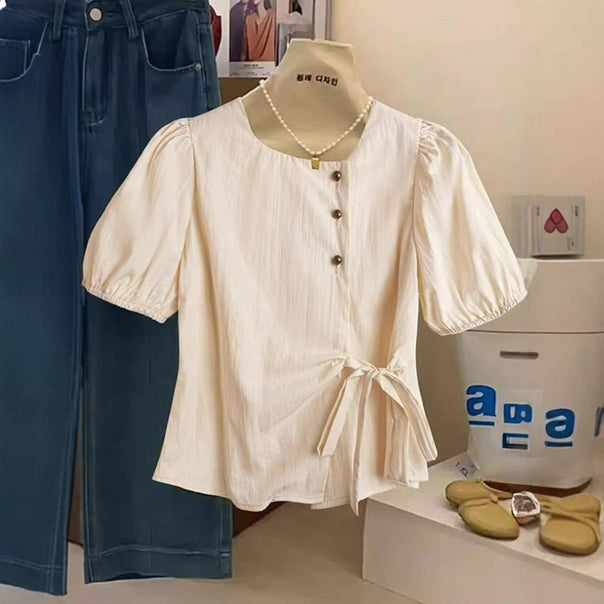 Women's short-sleeved fitted blouse with puff sleeves and side bow Mune Fashion