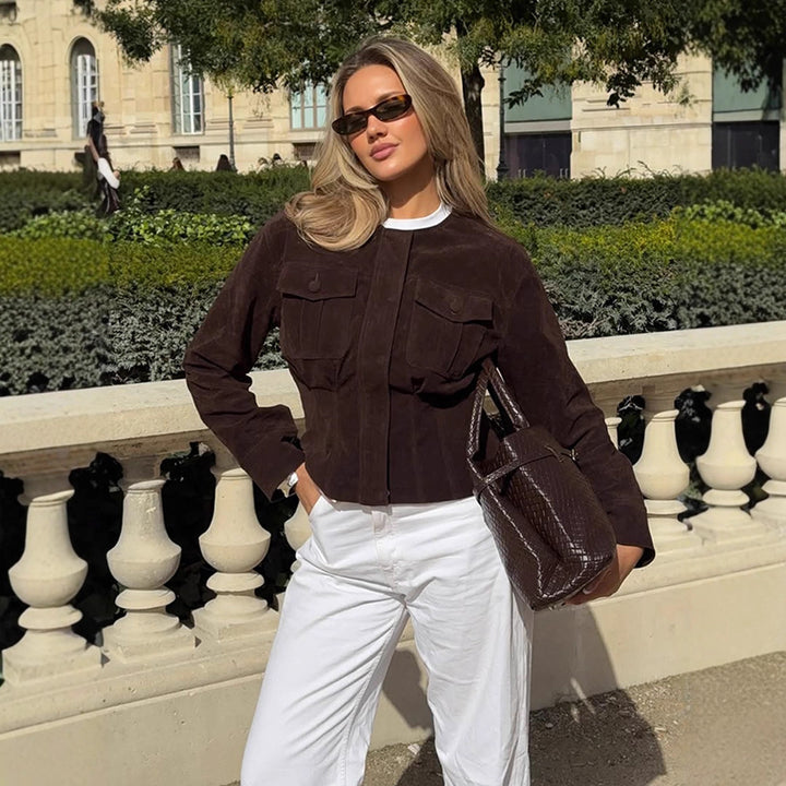Women's short jacket made of suede in shirt jacket style with attached breast pockets Mune Fashion