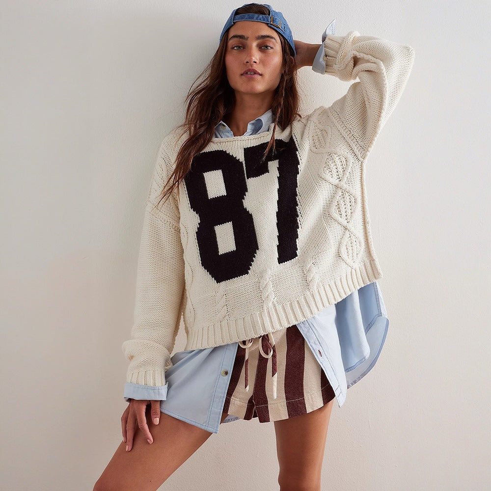 Women's Oversized Chunky Knit Sweater with Sporty Number Decor & Braided Knit Detail Mune Fashion