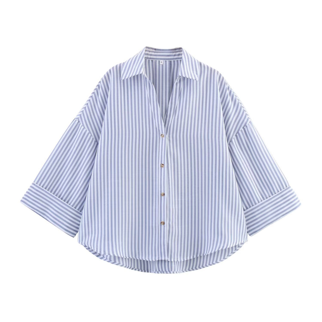 Women Oversize Shirt Blouse with Vertical Stripe Pattern and Extended Back Mune Fashion
