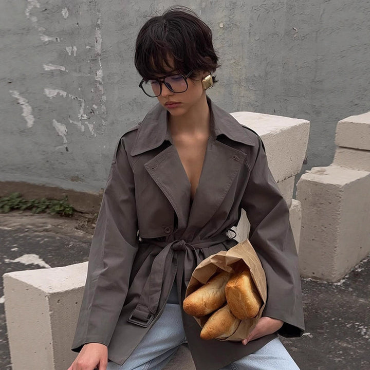 Women Short Trench Coat with Tied Belt and Oversized Sleeves Mune Fashion