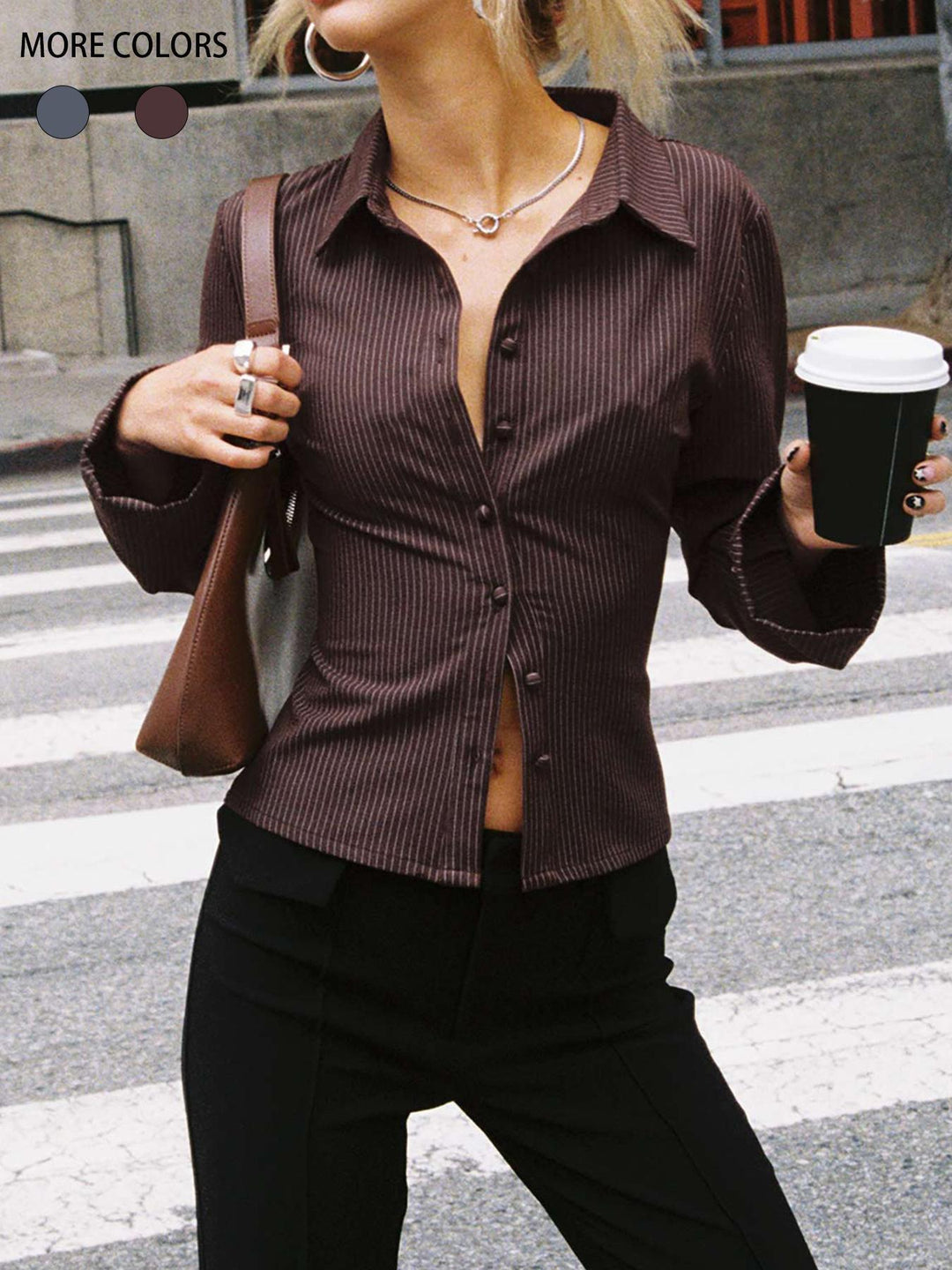 Women's Tailored Striped Shirt with Classic Collar Mune