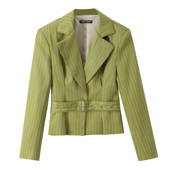 Women Tailored Cropped Blazer with Waist Belt and Pinstripes Mune Fashion