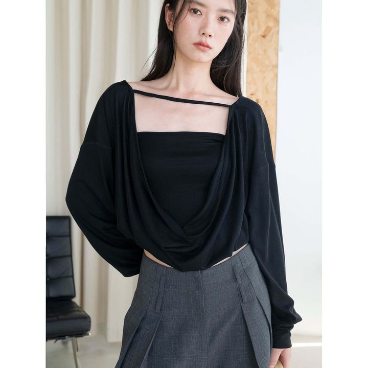 Women's Draped Layering Top with Off-the-Shoulder Cut and Decorative Straps Mune Fashion