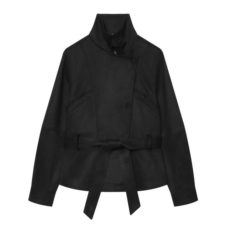 Women's tailored short jacket made of soft suede imitation with asymmetrical button placket and tie belt Mune Fashion