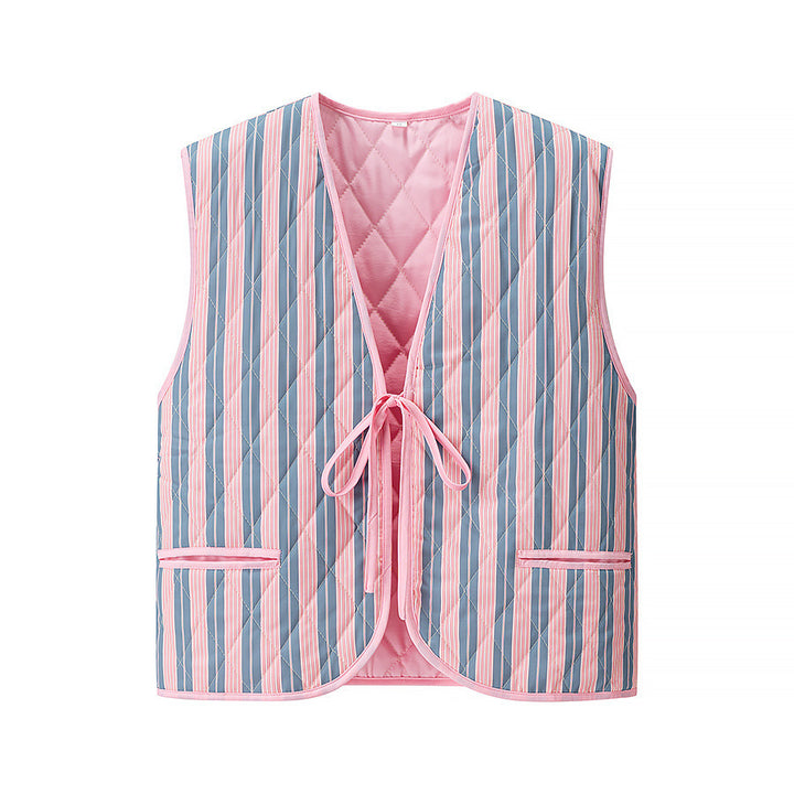 Women's Quilted Vest with Ties, diamond quilting and striped design Mune Fashion