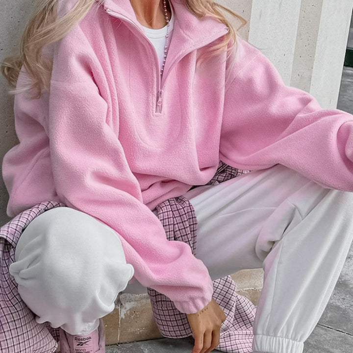 Women’s Oversized Fleece Pullover with Half Zipper and Stand-Up Collar Mune Fashion