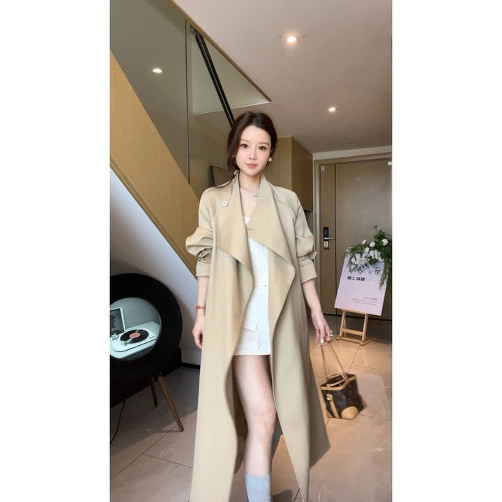 Women’s Maxi Trench Coat with Waterfall Collar and Gathered Sleeves Mune Fashion