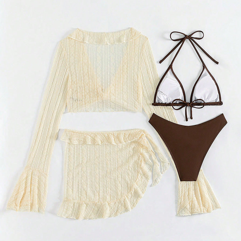 Women's Two-Piece Swimwear Set with Long-Sleeved Top and Playful Wrap Skirt Mune Fashion